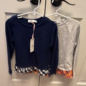 Vineyard Vines Navy and Gray Long Sleeve Peplum Shirts with Plaid Hem - Set of 2